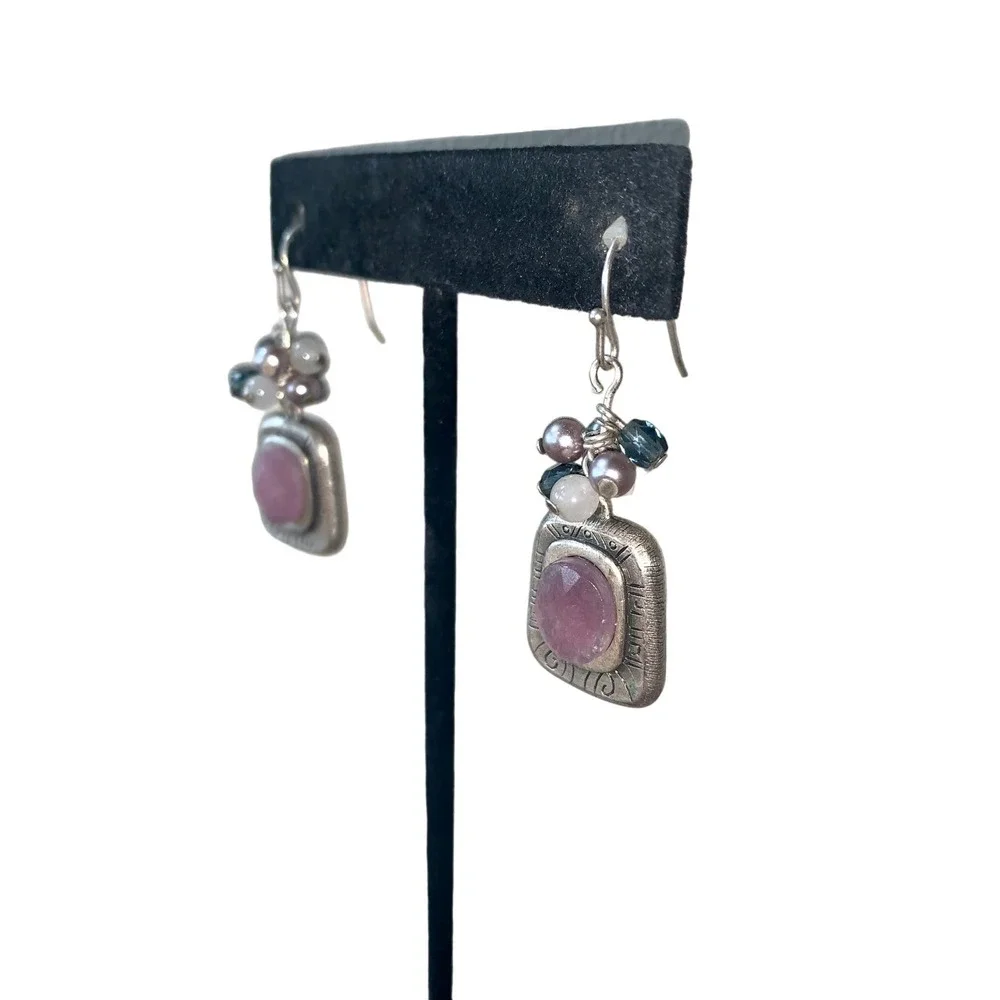 Sterling Silver Amethyst Color Stone Beaded Dangle Fishhook Earrings NWOT